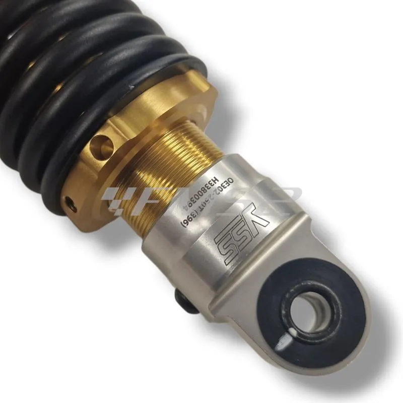 Mono ammortizzatore posteriore YSS con interasse da 250 mm modello OE302-250T-01AL-38 di colore nero, oro e alluminio e regolabile con ghiera filettata, ricambio YSOE25001