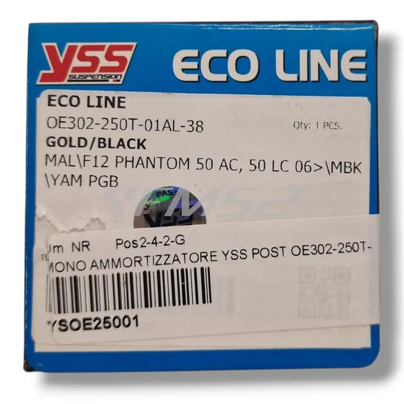 Mono ammortizzatore posteriore YSS con interasse da 250 mm modello OE302-250T-01AL-38 di colore nero, oro e alluminio e regolabile con ghiera filettata, ricambio YSOE25001