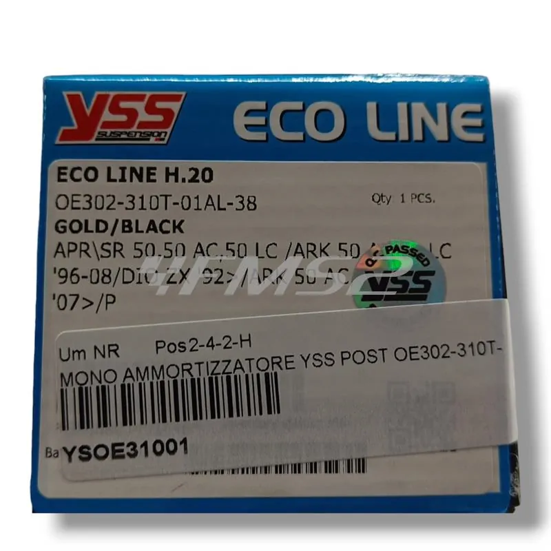 Ammortizzatore posteriore YSS eco line H.20 OE302-310T-01AL-38 con interasse da 310 mm colore Oro e Nero per scooter con motore Minarelli, ricambio YSOE31001