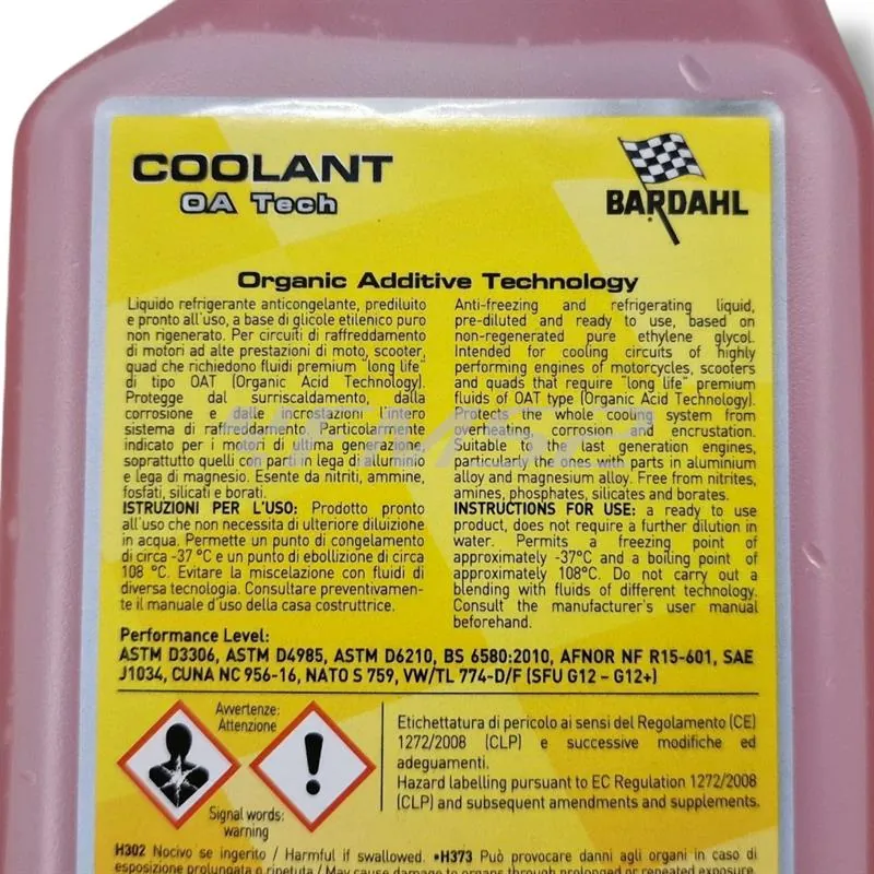 Bardahl Coolant OA Tech 1L - Liquido refrigerante organico pronto all'uso, ricambio 739039, compatibile auto e moto
