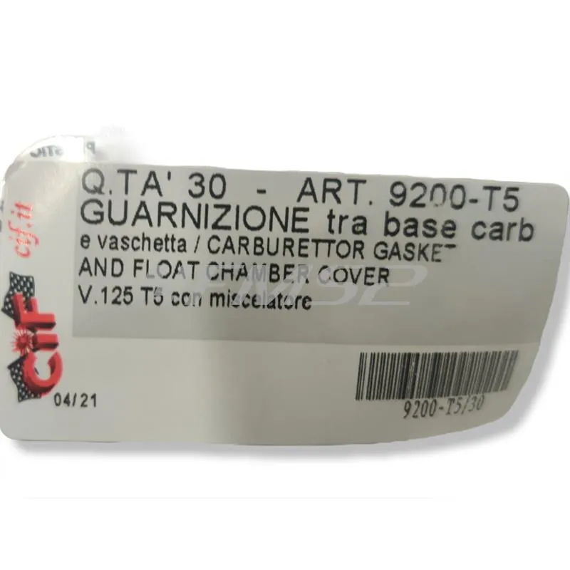 Guarnizione CIF in carta da montare tra carter motore e vaschetta carburatore Piaggio Vespa T5 125 cc 2 tempi con miscelatore e carburatore SI24-24, ricambio 9200-T5