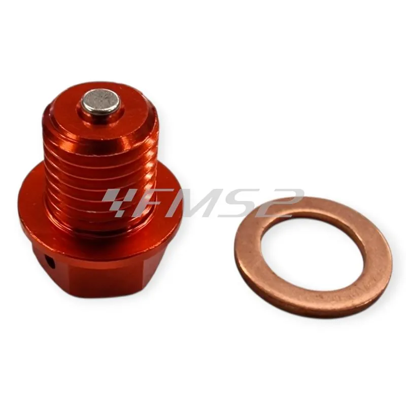 Tappo scarico olio magnetico M12 passo 1,5 lunghezza 12 mm in ergal anodizzato arancio con foro legatura di sicurezza - KTM / HUSQVARNA / GAS GAS, ricambio AV3446A