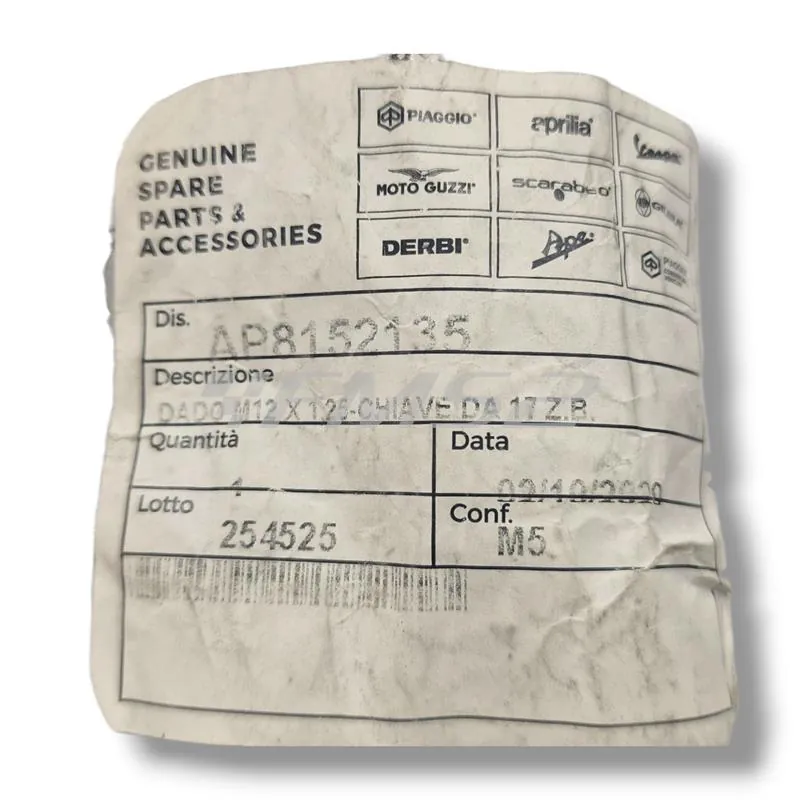 Dado originale Piaggio - Aprilia M12 x 1,25 mm con esagono chiave da 17 e zincato argento per fissaggio semi puleggia fissa motori Aprilia DiTech e carburatore 50 cc prodotti dal 1999 fino al 2004 , ricambio AP8152135