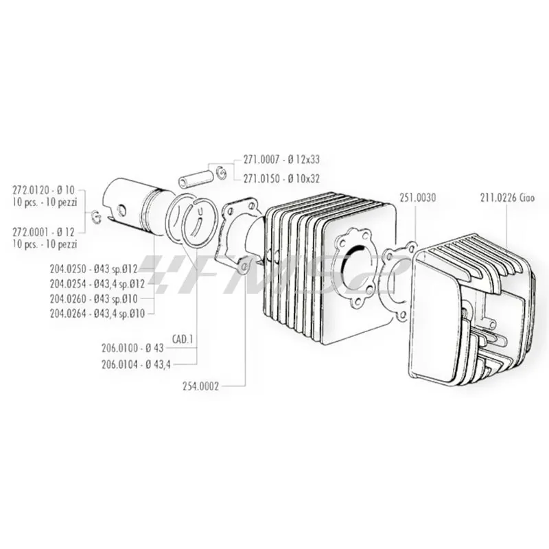 Gruppo termico Polini 1400065R Ø43mm Racing testa new model per Piaggio Ciao con spinotto da 12mm