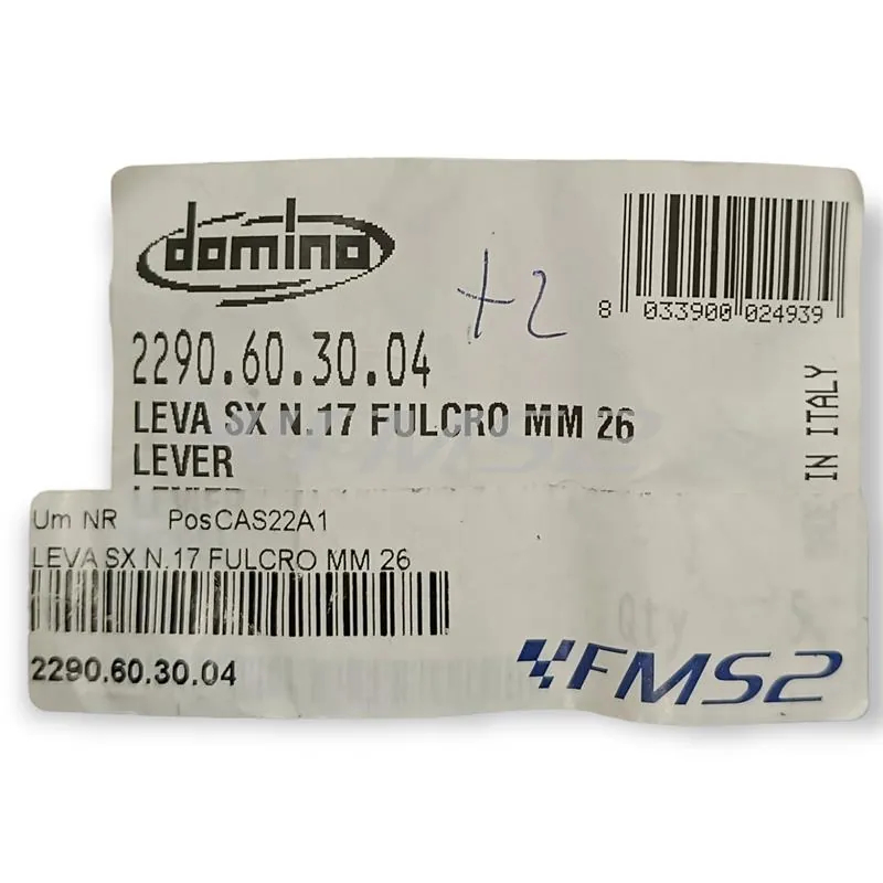 Leva frizione Domino Tommaselli in alluminio lucido per applicazioni varie con fulcro da 26 mm, ricambio 2290603004