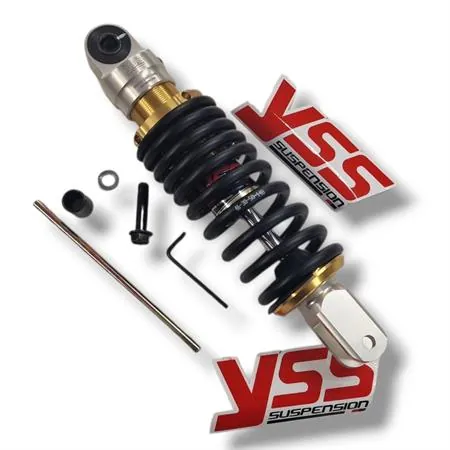 Mono ammortizzatore posteriore YSS con interasse da 250 mm modello OE302-250T-01AL-38 di colore nero, oro e alluminio e regolabile con ghiera filettata, ricambio YSOE25001