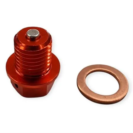 Tappo scarico olio magnetico M12 passo 1,5 lunghezza 12 mm in ergal anodizzato arancio con foro legatura di sicurezza - KTM / HUSQVARNA / GAS GAS, ricambio AV3446A