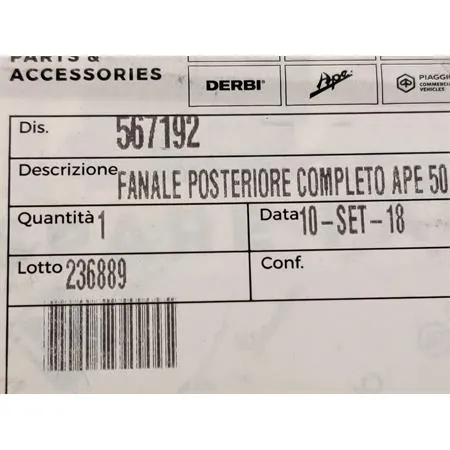 Fanale posteriore destro completo ape 50, ricambio 567192