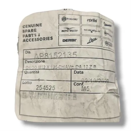 Dado originale Piaggio - Aprilia M12 x 1,25 mm con esagono chiave da 17 e zincato argento per fissaggio semi puleggia fissa motori Aprilia DiTech e carburatore 50 cc prodotti dal 1999 fino al 2004 , ricambio AP8152135