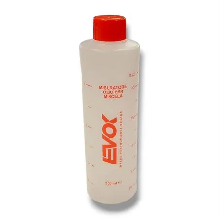 Flacone miscela RMS Evok graduato da 250 ml con scala per miscela dal 1% fino al 7% completo di tappo in plastica a vite, ricambio 142740021